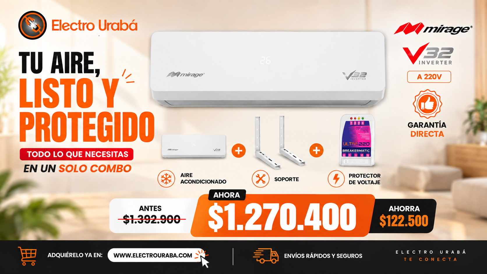 Combo Aire Mirage V32 Inverter 12.000 BTU 220V con soporte y protector de voltaje